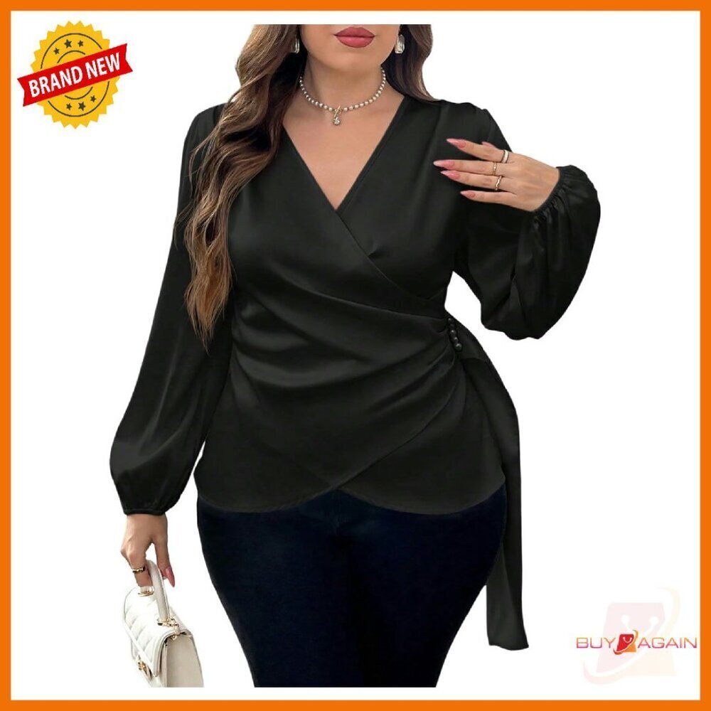 Plus Size Satin Wrap Blouse Ruched V Neck Long Sleeve Asymmetrical